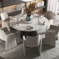 Modern Round Dining Table Set With Marble Top Six Chairs Gray Rug And Chandelier