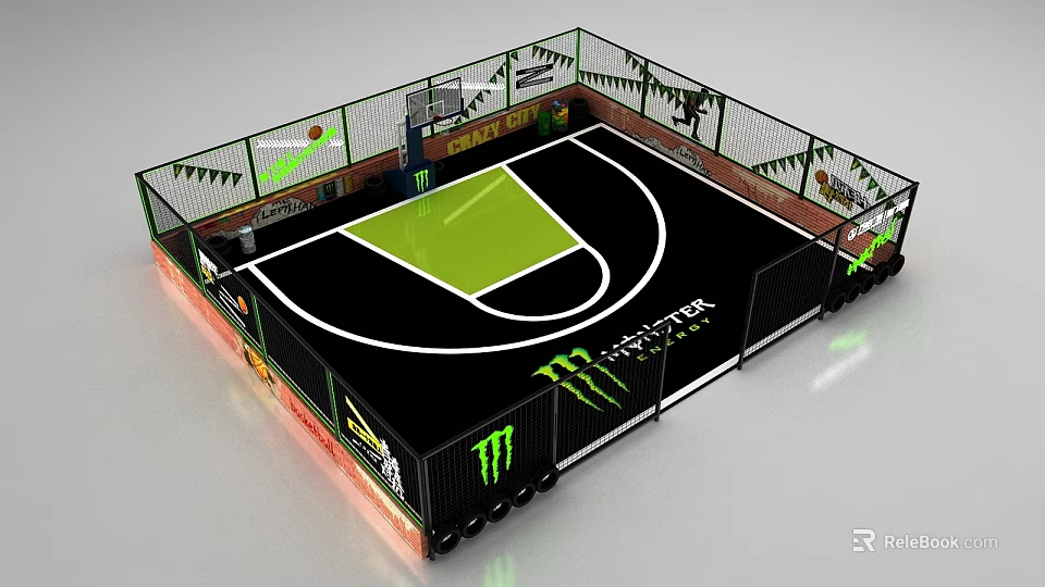 Mini Fenced Basketball Court With Black Surface Green Area And Monster Energy Logo 3d model 