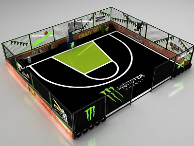 Mini Fenced Basketball Court With Black Surface Green Area And Monster Energy Logo 3d model