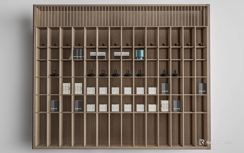 Wooden Storage Shelf With Multiple Compartments Organizing Books And Boxes 3d model