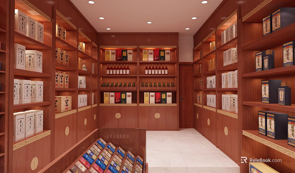 Tobacco and Liquor Store Interior with Wooden Shelves Stocked with Various Cigarettes and Alcohol Bottles 3d model 
