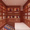 Tobacco and Liquor Store Interior with Wooden Shelves Stocked with Various Cigarettes and Alcohol Bottles