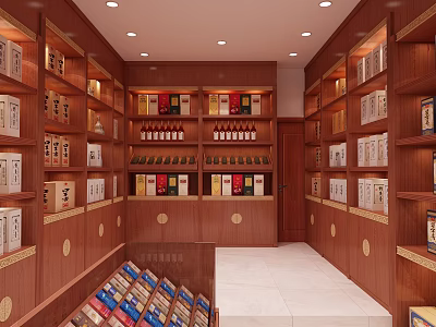 Tobacco and Liquor Store Interior with Wooden Shelves Stocked with Various Cigarettes and Alcohol Bottles 3d model