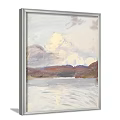 Landscape Painting With Soft Tones Mountains Lake Sky Clouds And Water Reflections