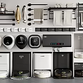 Modern Household Appliances With Robotic Vacuums Water Dispensers Towel Racks And Storage Shelves