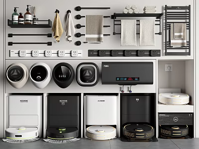 Modern Household Appliances With Robotic Vacuums Water Dispensers Towel Racks And Storage Shelves 3d model