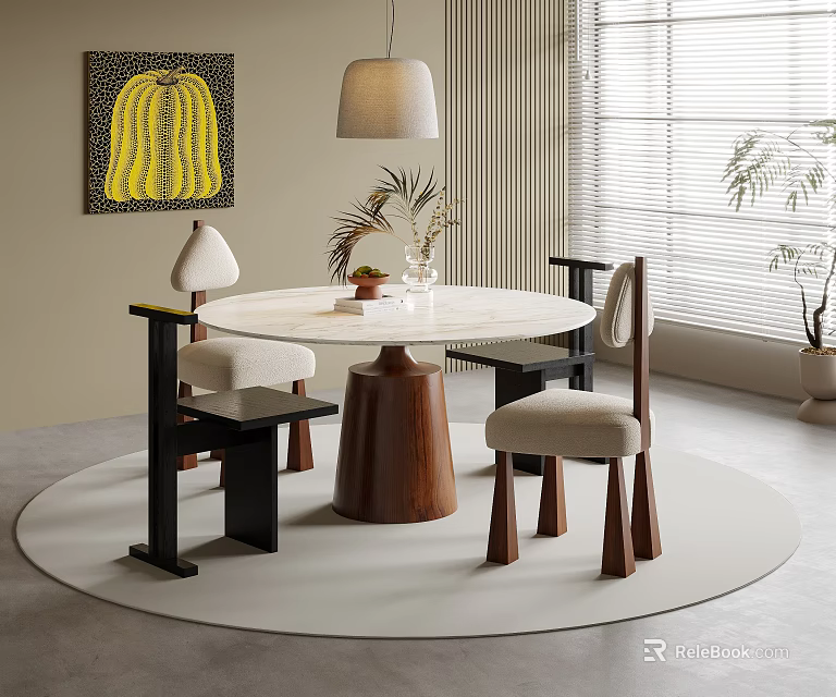 Modern Round Dining Table Set With Marble Top Wooden Base Chairs And Pendant Light Artwork 3d model 