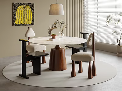 Modern Round Dining Table Set With Marble Top Wooden Base Chairs And Pendant Light Artwork 3d model