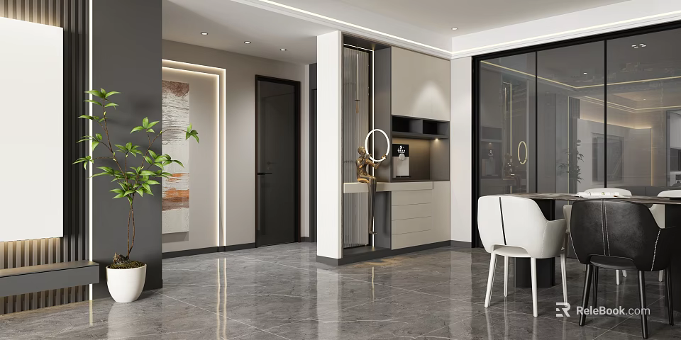 Modern Living and Dining Area Design With Dining Table Chairs Decorative Plant and Lighting 3d model