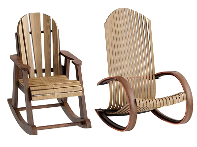 Two Stylish Wooden Leisure Rocking Chairs With Woven Seats And Curved Frames 3d model
