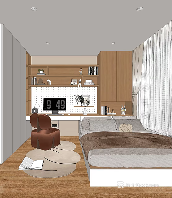 Tatami Bedroom Interior With Wooden Bookshelf Decorations Green Plants And White Curtains 3d model 