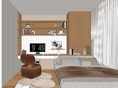 Tatami Bedroom Interior With Wooden Bookshelf Decorations Green Plants And White Curtains 3d model