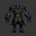 Blue Skinned Horned Beast Warrior Wearing Golden Accented Armor And Red Garments Fantasy