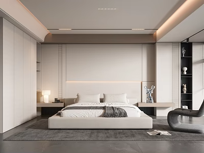 Modern Minimalist Bedroom With Recessed Lighting Bedhead Wall Wardrobe Armchair And Table Lamp 3d model