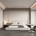 Modern Minimalist Bedroom With Recessed Lighting Bedhead Wall Wardrobe Armchair And Table Lamp