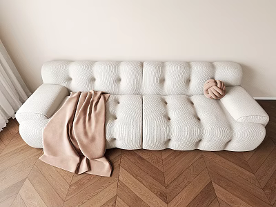 White Tufted Two Seater Sofa With Light Brown Blanket And Pink Cushion On Wooden Floor 3d model