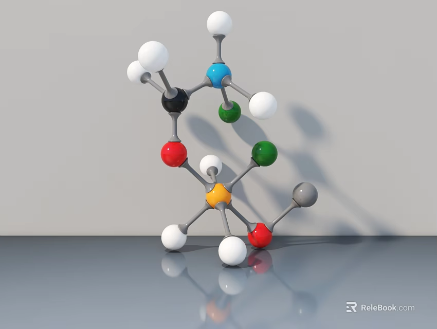 Molecular Structure Sculpture With Colorful Spheres Connected By Rods On Gray Background And Reflective Surface 3d model 