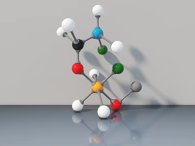 Molecular Structure Sculpture With Colorful Spheres Connected By Rods On Gray Background And Reflective Surface 3d model
