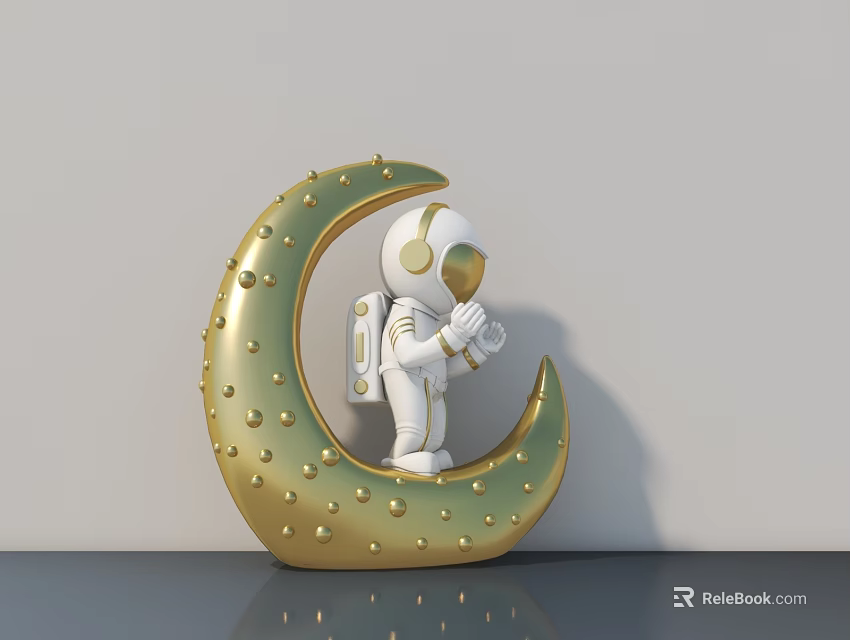 Artistic Golden Moon Sculpture With Astronaut Figure And Dotted Surface Design 3d model 