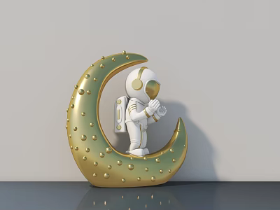 Artistic Golden Moon Sculpture With Astronaut Figure And Dotted Surface Design 3d model