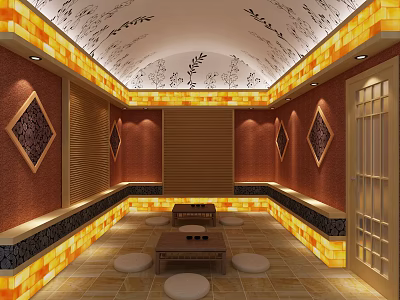Beauty Salon Relaxation Room With Red Walls Diamond Decor And Round Cushions 3d model