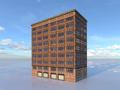 Multi Story Brick Building With Windows And Roll Up Doors Against Blue Sky 3d model