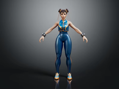 3D Character With Blue Outfit Pigtail Hairstyle Wristbands Sport Shoes Standing Pose Gray Background 3d model
