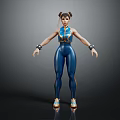 3D Character With Blue Outfit Pigtail Hairstyle Wristbands Sport Shoes Standing Pose Gray Background