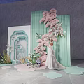 Elegant Photo Spot With Bride In White Wedding Dress Green Curtain Pink Butterfly Decorations