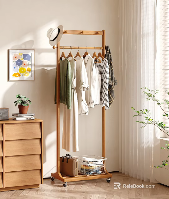 Wooden Coat Rack With Hanging Clothes In Cozy Home Interior With Dresser And Plant 3d model 