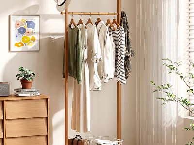 Wooden Coat Rack With Hanging Clothes In Cozy Home Interior With Dresser And Plant 3d model