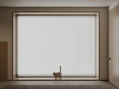 Neutral Toned Vertical Blinds Covering Large Window in Cozy Interior with Small Cat 3d model