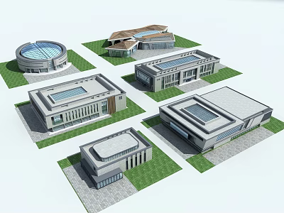Modern Architectural Models Featuring Diverse Building Designs Flat Round Roofs And Green Lawns 3d model