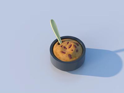 Delicious Creamy Yellow Dessert Served in Black Bowl with Red Toppings and Green Spoon 3d model