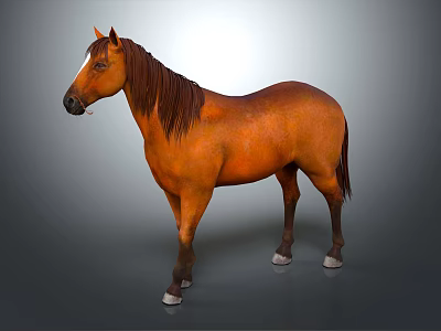 Brown Horse Standing With Long Mane And Smooth Coat On Gray Background 3d model