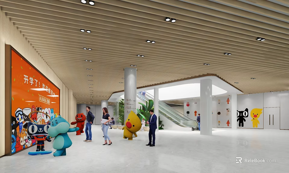 Shopping Mall Store Interior With Cartoon Dolls Pedestrians Escalator Ceiling Light Strips And Wall Decorations 3d model 