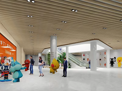 Shopping Mall Store Interior With Cartoon Dolls Pedestrians Escalator Ceiling Light Strips And Wall Decorations 3d model