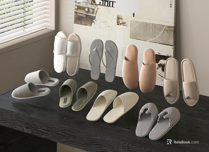 Comfortable Home Slippers In Various Colors And Styles On Black Table With Window And Poster 3d model 