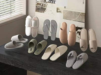 Comfortable Home Slippers In Various Colors And Styles On Black Table With Window And Poster 3d model