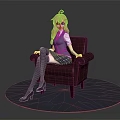 Game Anime Character With Pink Hair Twin Tails Sitting On Brown Armchair In School Uniform