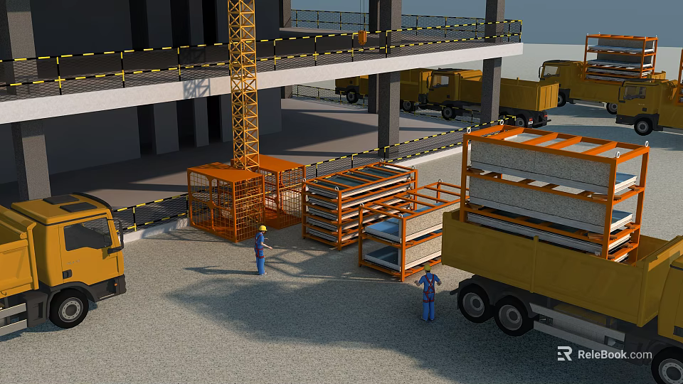 Construction Site With Orange Crane Yellow Trucks Workers And Stacked Materials 3d model 