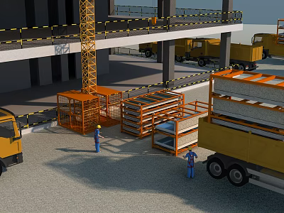 Construction Site With Orange Crane Yellow Trucks Workers And Stacked Materials 3d model