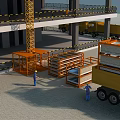 Construction Site With Orange Crane Yellow Trucks Workers And Stacked Materials 3d model