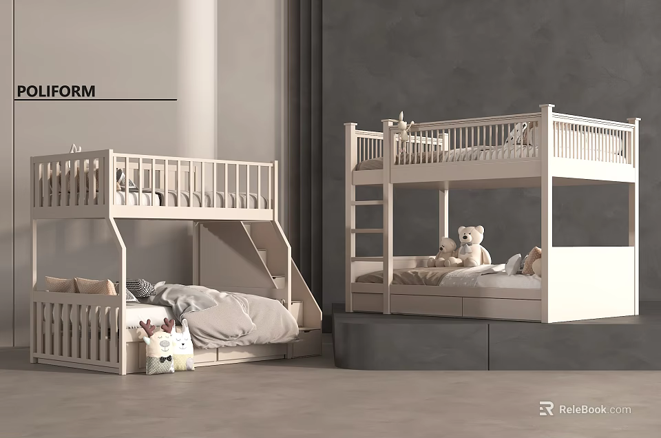 Modern White Bunk Bed Design With Ladder Soft Mattress And Stuffed Toys 3d model 
