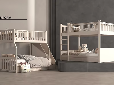 Modern White Bunk Bed Design With Ladder Soft Mattress And Stuffed Toys 3d model