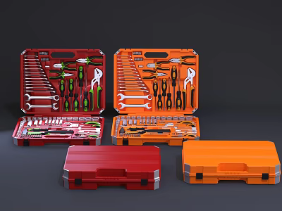 Hardware Tools Set with Red and Orange Toolboxes Including Wrenches Pliers and Screwdrivers 3d model