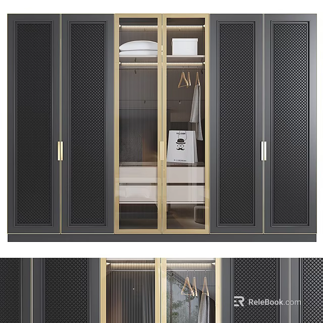 Modern Wardrobe Interior With Glass Doors Gold Metal Frames And Mesh Panels 3d model 