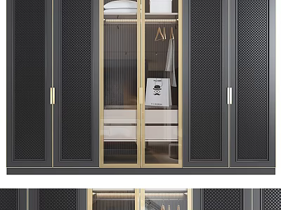 Modern Wardrobe Interior With Glass Doors Gold Metal Frames And Mesh Panels 3d model