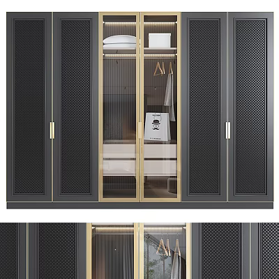 Modern Wardrobe Interior With Glass Doors Gold Metal Frames And Mesh Panels 3d model