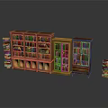Vintage Wooden Bookcase And Glass Door Cabinet With Stacked Books